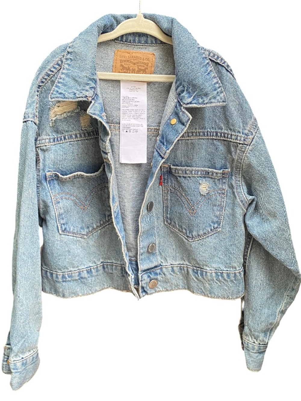 Girls’ Levi’s medium wash distressed denim jean jacket size small 8-10 years